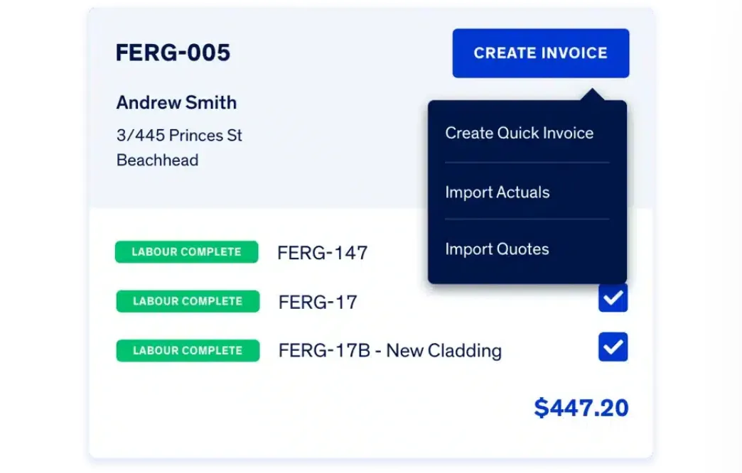Fergus job screen with labour-complete jobs and a Create invoice button showing $447.20