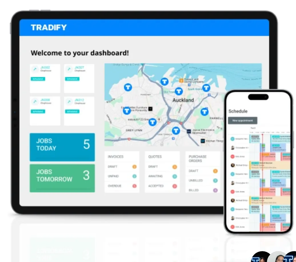 Tradify dashboard on a tablet with a map of Auckland jobs, jobs today and tomorrow, and a phone showing the schedule