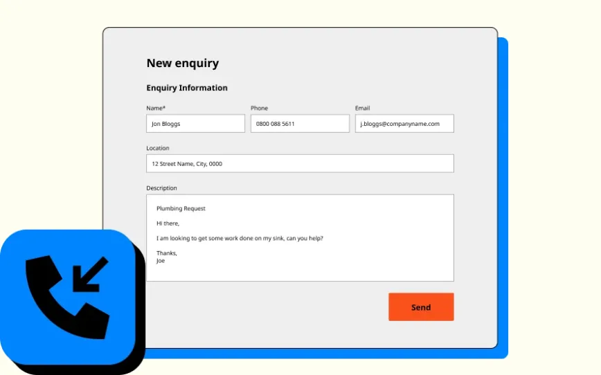 Tradify new enquiry form with name, phone, email, location and a description of a plumbing request